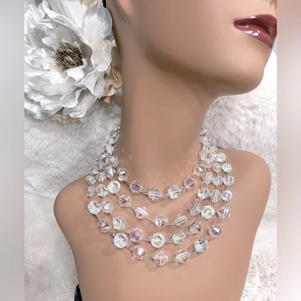 Fabulous Vintage Multi Strand Aurora Borealis Crystal Necklace